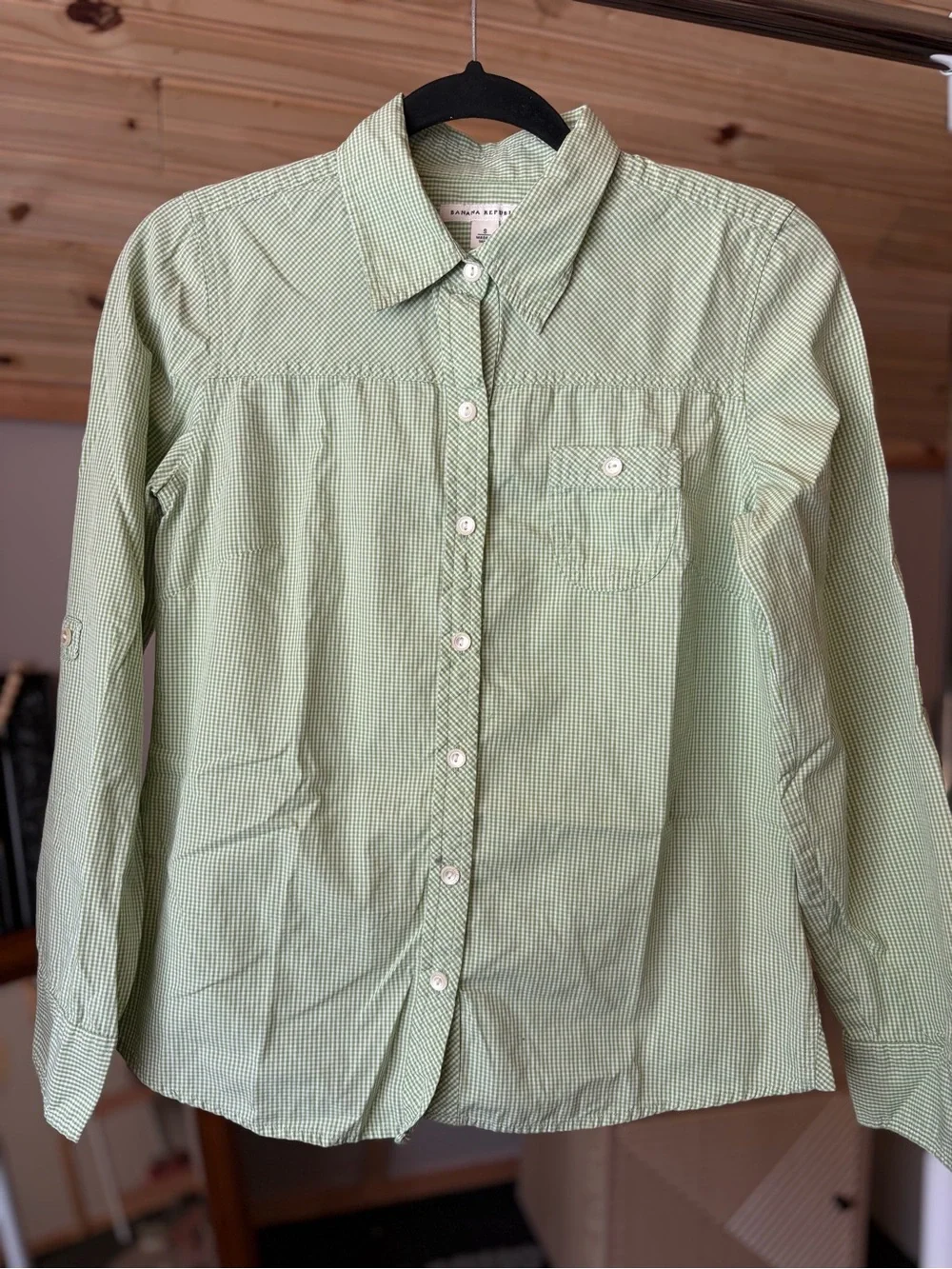 Banana Republic Light Green Men’s Gingham Mini-Check Button-Down Shirt Size S